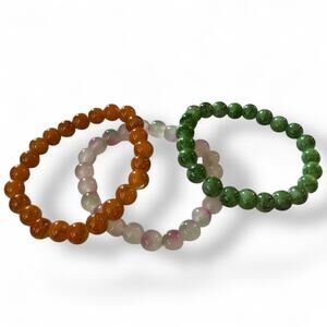 Orange Green Pink Bohemian Handmade Set Of 3 Stretch Bracelets